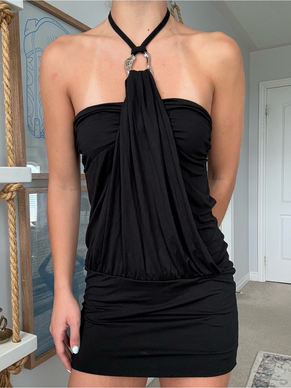 Jaded London Black Strapless Halter Ring Mini Dress